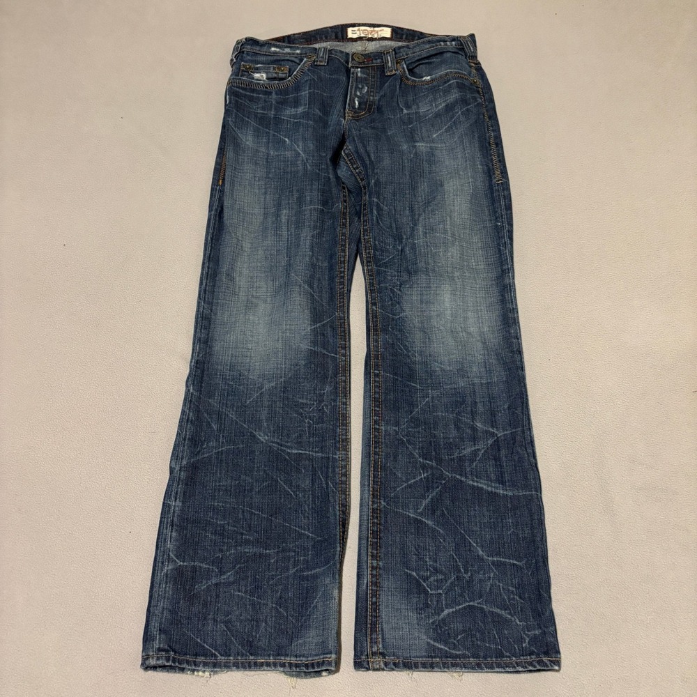 Y2K Jeans 1921 Western Glove Works Wide Leg Distressed Whisker Fade Blue 33x32